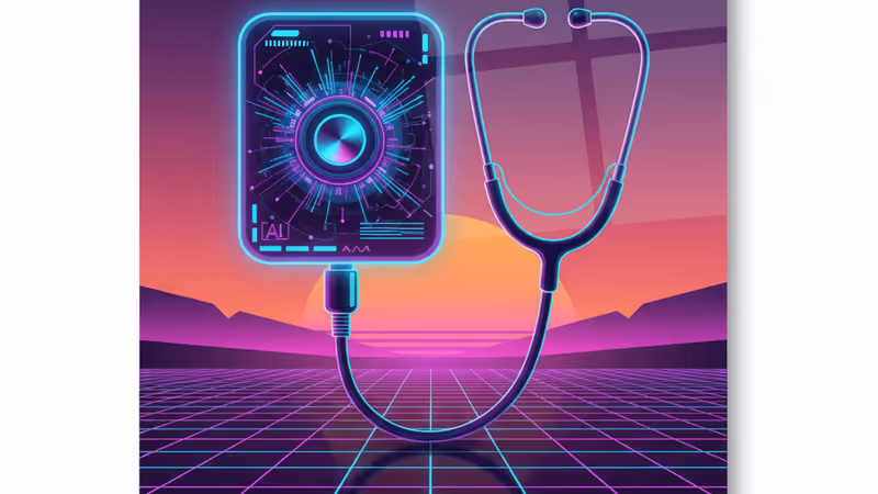放在聽診器旁的智慧型手機，螢幕顯示醫療 AI 介面