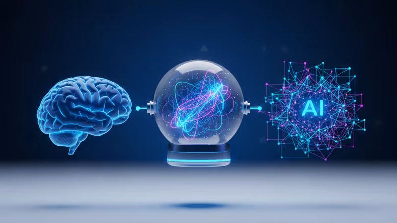Futuristic BCI interface connecting a human brain with an AI neural network
