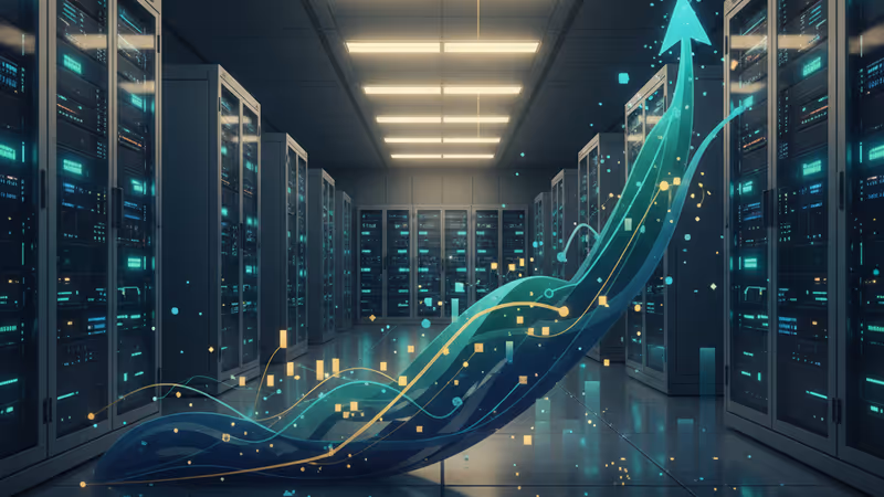 Interior of an AI data center with a rising revenue chart overlay.