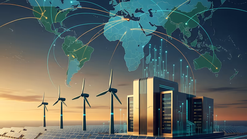 태양광 발전 단지와 결합된 현대적인 AI 데이터 센터 전경