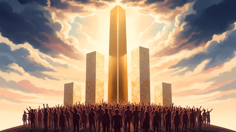 구름을 뚫고 솟아오른 황금색 그래프와 그 아래 그림자 속에 서 있는 수많은 사람들