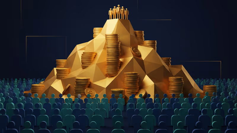 황금빛 산 정상의 소수와 아래의 다수를 대비시킨 부의 불평등 일러스트