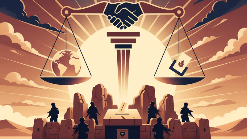 夕暮れ時のパルミラ遺跡と軍用車両のシルエット