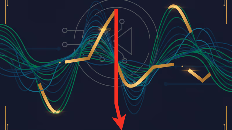 비트코인 가격 그래프가 0으로 급락하는 화면과 롤백을 상징하는 되감기 아이콘