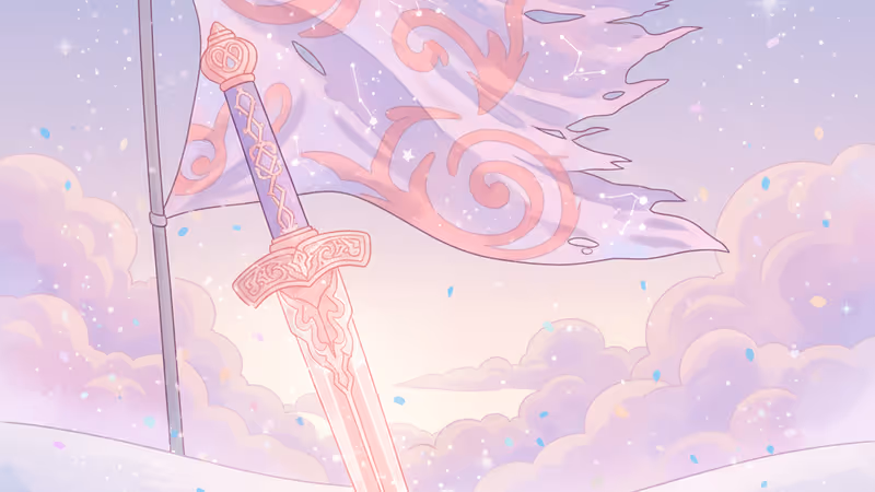 A traditional Korean sword and Goguryeo flag on a snowy battlefield