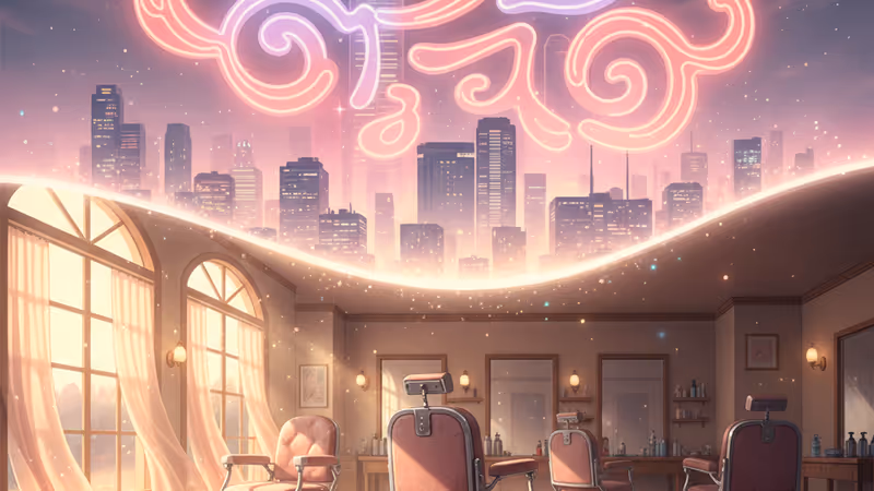 한옥 배경의 시골 이발소 내부와 빈티지 이발 도구들