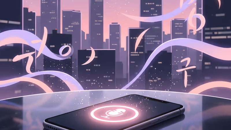 어두운 방 안 테이블 위의 스마트폰 화면에 표시된 녹음기 아이콘