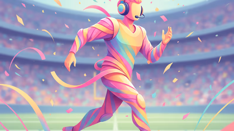 미식축구 경기장 사이드라인에서 마이크를 든 팻 맥아피의 모습