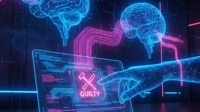법원 판결을 상징하는 디지털 코드와 유죄 메시지가 출력된 노트북 화면