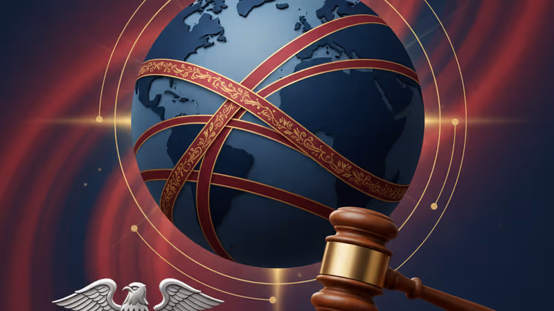 ペンタゴン庁舎の背景に置かれた、軍の制服と法廷の木槌