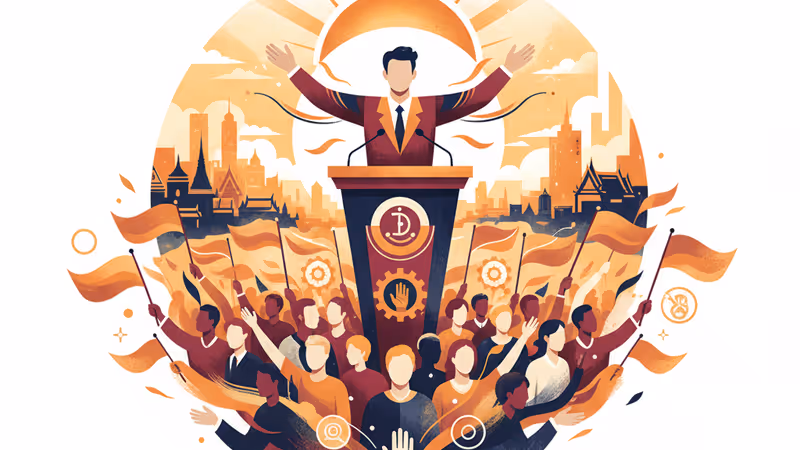 タイの国旗カラーをあしらった投票箱とバンコクの街並み