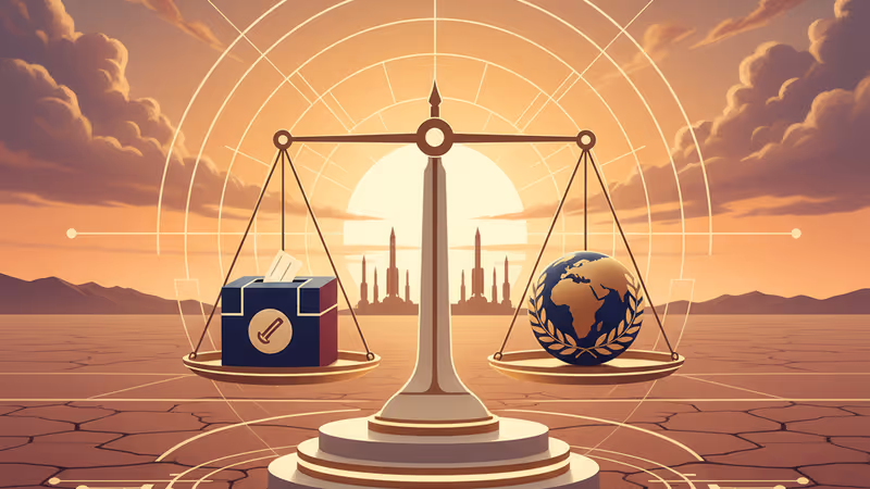 Desert landscape with distant missile silos under a storm sky