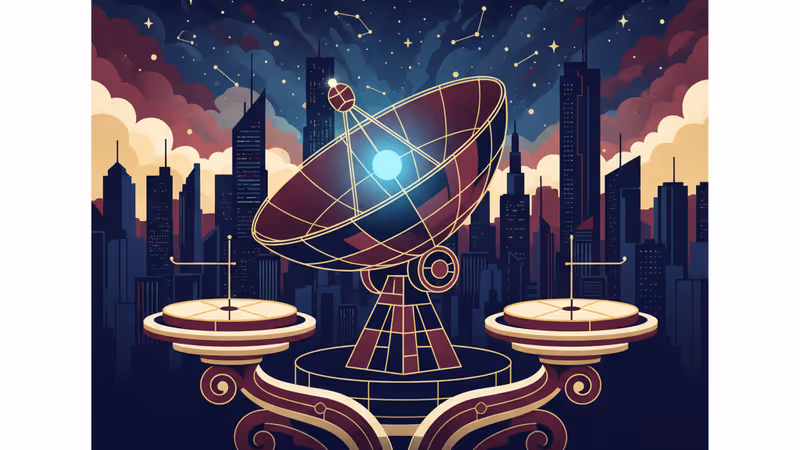 어두운 밤하늘 아래 빛나는 위성 안테나와 도시 실루엣