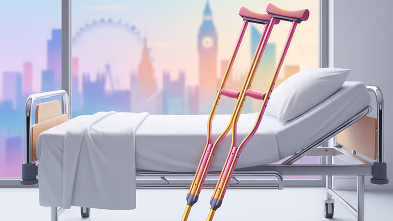 Metallic crutches by a hospital bed in London