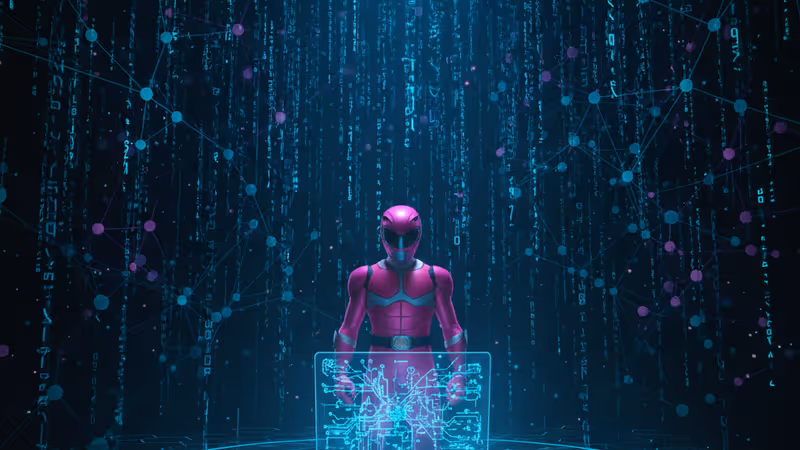 ピンク・レンジャーのマスクをしたハッカーが壇上でノートPCを操作する様子