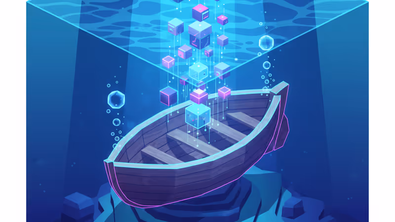 水中に沈んだ逆さまの木製ボートと差し込む光の風景