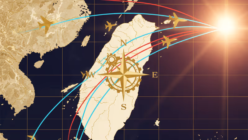 Infographic visualization of PLA aircraft carrier and jet patrol routes around the Taiwan Strait.