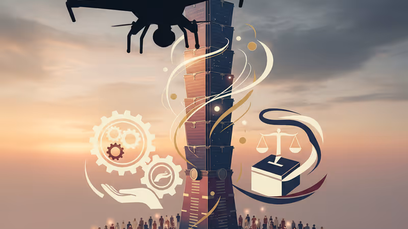 Silhouette of a drone flying near the Taipei 101 skyscraper