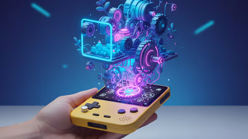 Close-up of a hand rotating the Playdate crank to solve a 3D puzzle