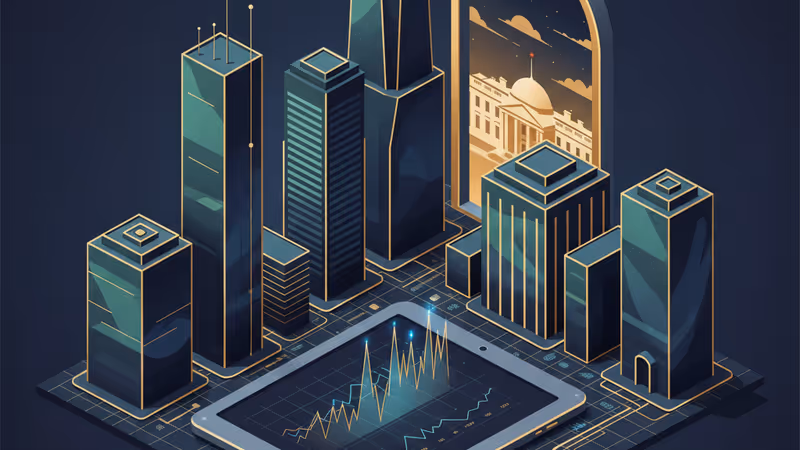 A crypto market chart on a tablet with the White House in the background