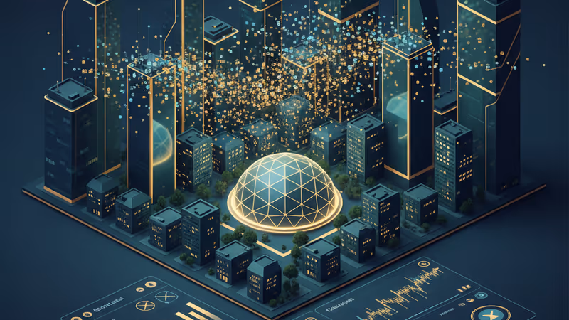 展示城市房地產數據與加密貨幣圖表的數位介面