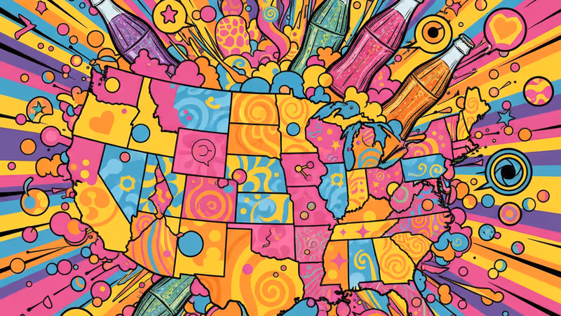 全米の炭酸飲料の呼び方を示した地図とレトロな瓶のイラスト
