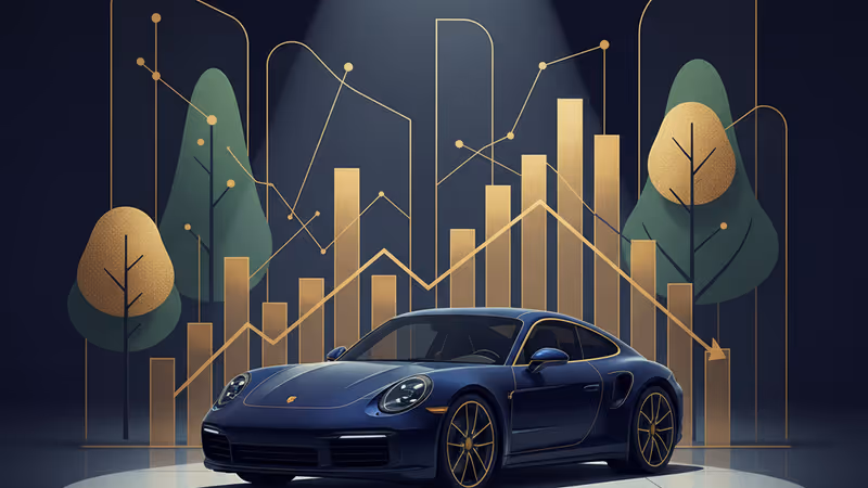 포르쉐 매장의 어두운 실내와 전시된 차량 전경