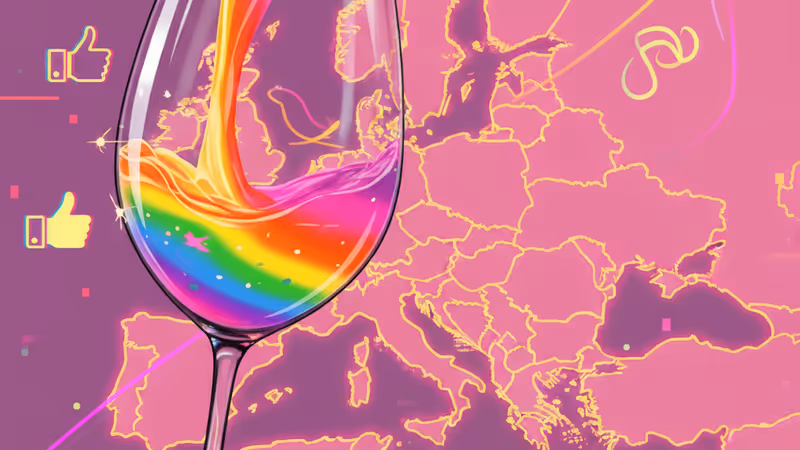 紅酒杯與歐洲地圖在復古木桌上的俯視圖