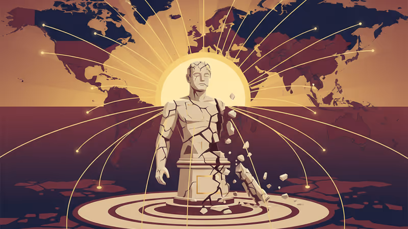 무너진 마두로 동상 뒤로 해가 떠오르는 베네수엘라 광장 전경