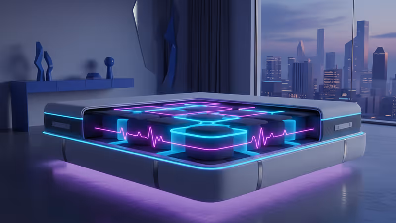 AIスマートベッドSleep Number P6の内部構造とバイオメトリックデータの可視化イメージ