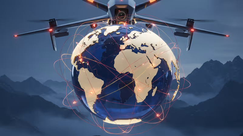 A surveillance drone flying over the misty border between the two Koreas