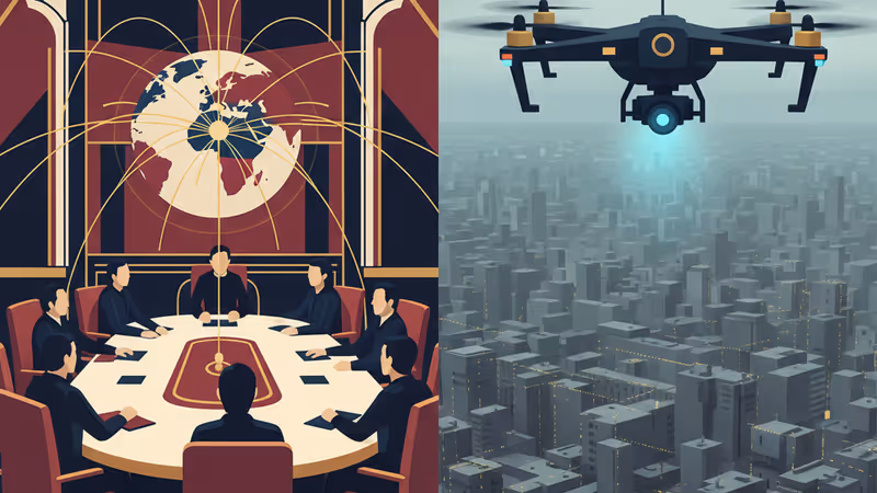 President Trump and Israel's PM meeting with a drone over a skyline.