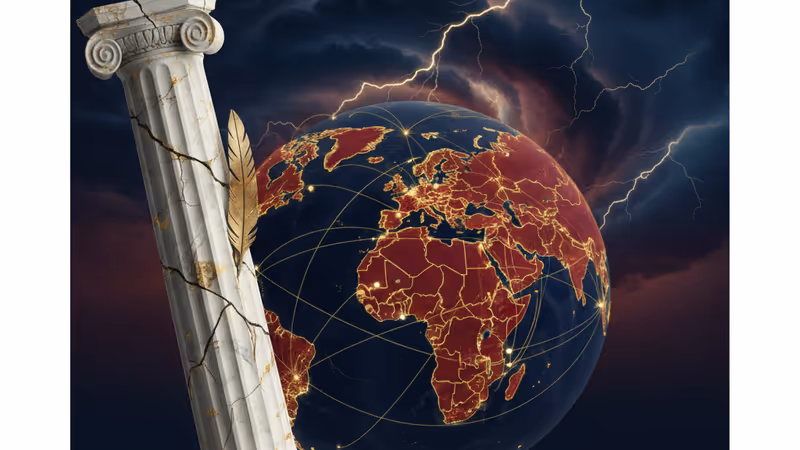 폭풍우 치는 하늘 아래 금이 간 대리석 기둥과 디지털 세계 지도