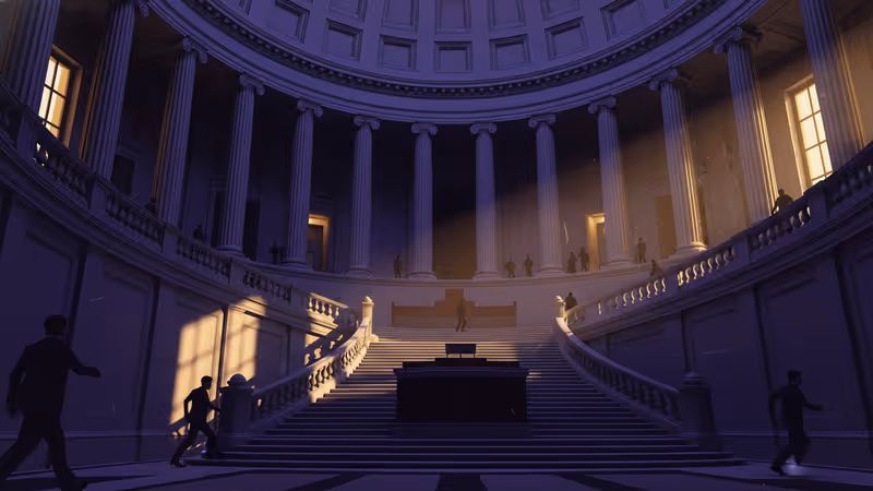 미국 국회의사당의 권위적인 모습과 권력의 이동을 상징하는 전경