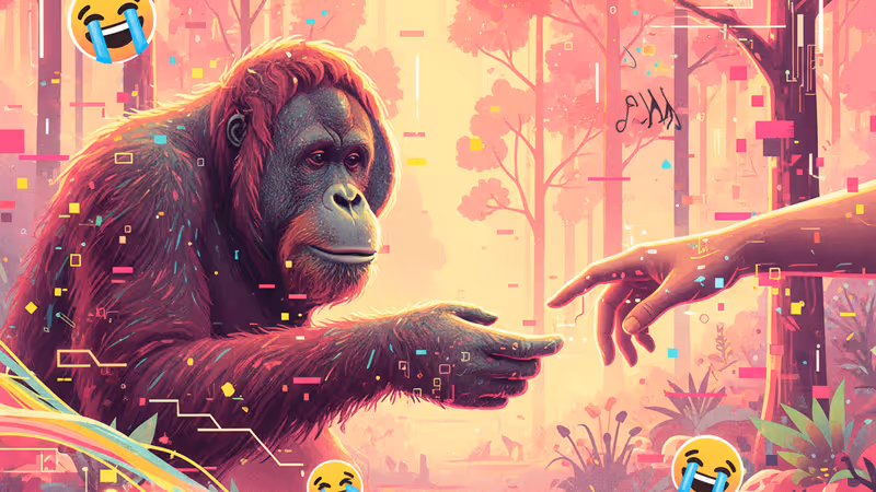 진흙에 빠진 지질학자에게 손을 내미는 오랑우탄의 모습