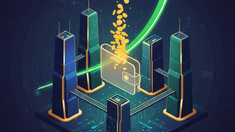 A digital crypto wallet surrounded by surging green price charts