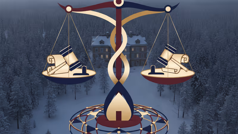 Wide view of a Russian presidential residence in a snowy forest