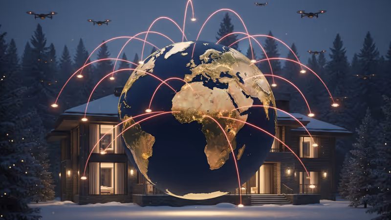 ロシアの雪原を飛行するドローンの群れとプーチン大統領の別荘