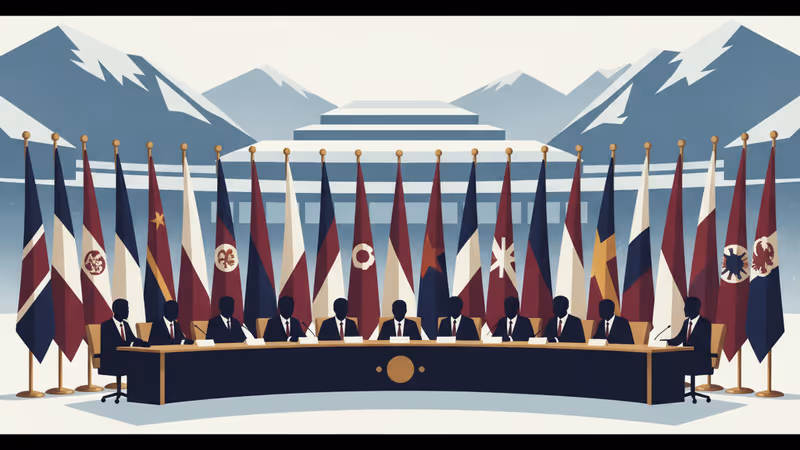 The Qatari flag standing next to a podium at a diplomatic forum