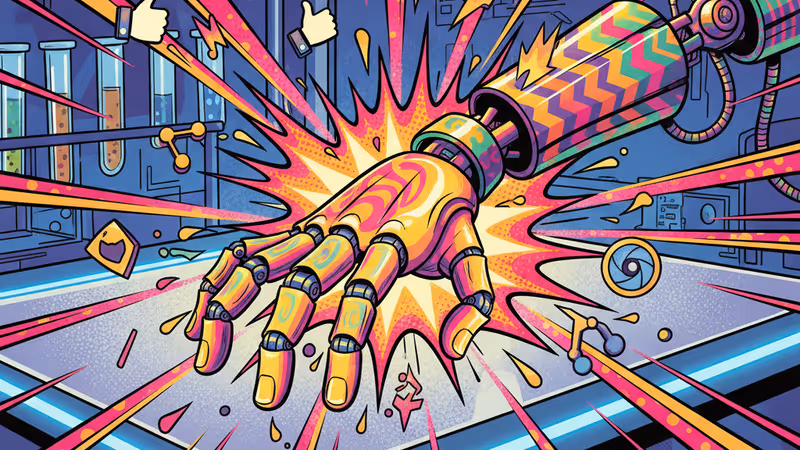 팔에서 분리되어 실험실 바닥을 기어가는 6개의 손가락을 가진 로봇 손의 모습.