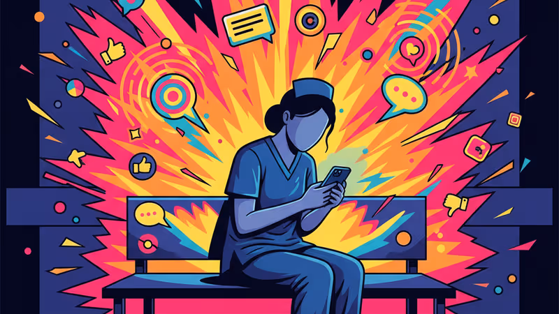 休憩中にスマートフォンを見て微笑む疲れ果てた看護師