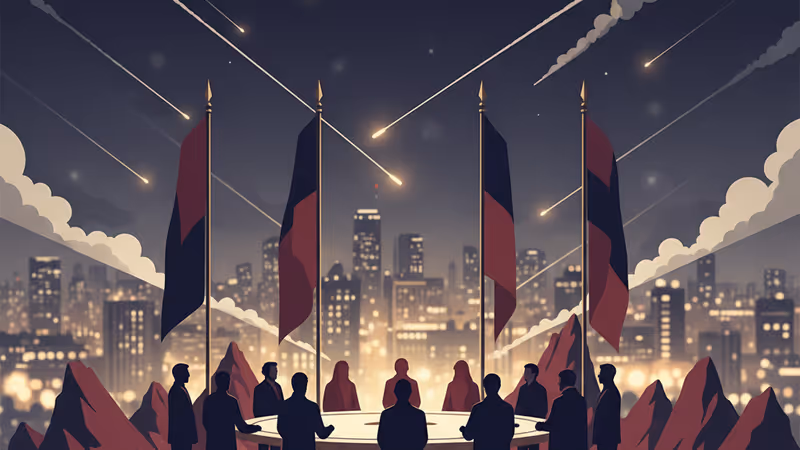 爆発による煙が立ち上る冬の夜のキーウ市街地