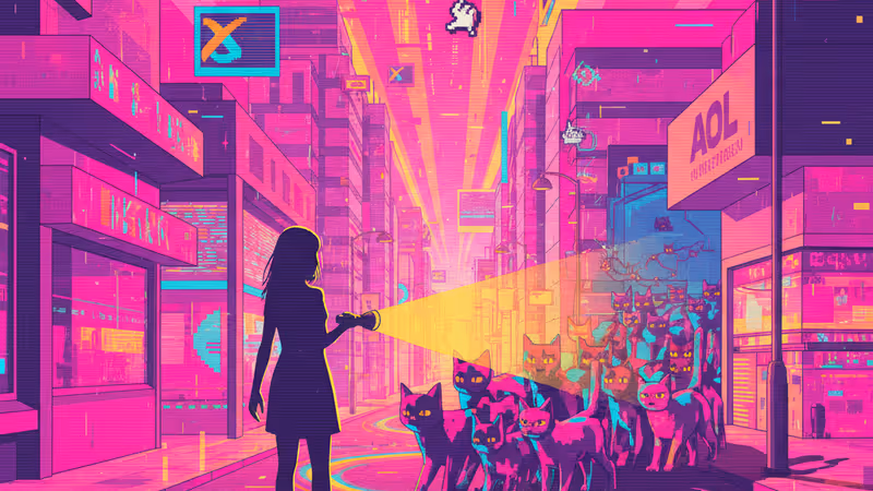 ライトに照らされた夜の街角と猫の行列のイメージ