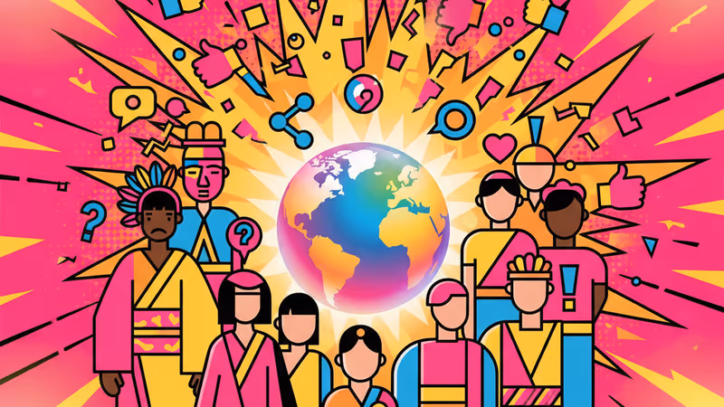 다양한 국적의 사람들이 홀로그램 지구를 보며 즐거워하는 모습