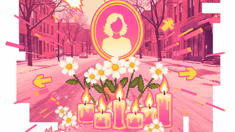 ミネアポリスの事件現場に供えられた一輪の花と、遠くに霞むパトライト