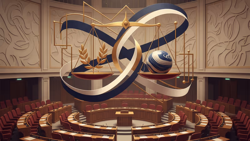 국회 의원총회장에 놓인 의장봉과 민주당 로고 배경