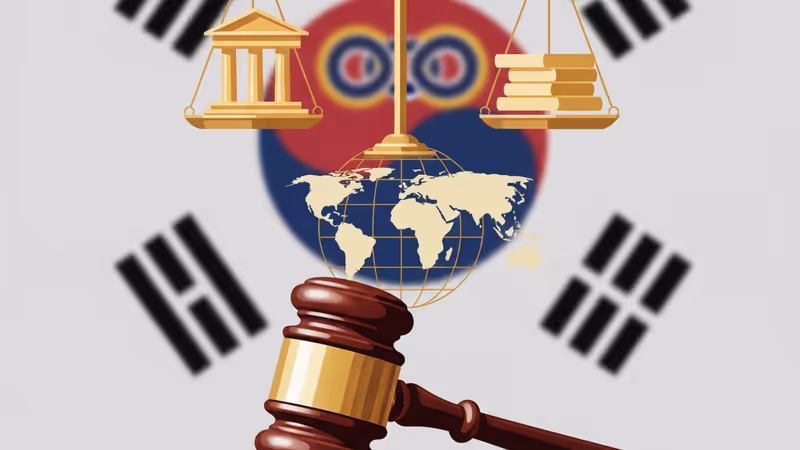 A legal gavel and blurred South Korean flag