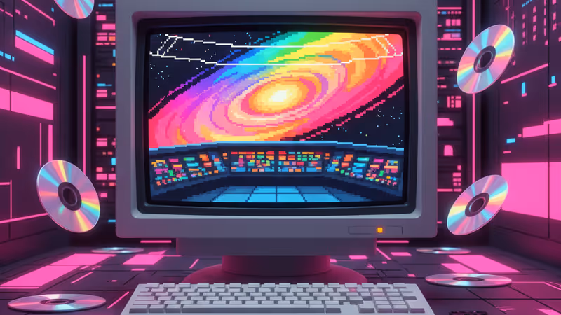 Vintage computer monitor displaying Star Trek bridge panorama