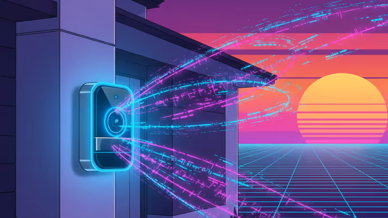 Close-up of a Ring video doorbell with glowing AI visual effects.