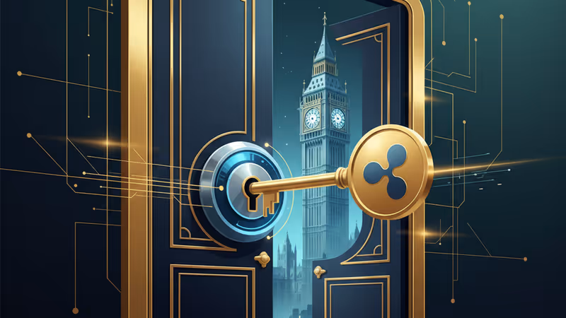 ロンドンの金融街に浮かび上がるリップルのロゴとデジタル接続のイメージ